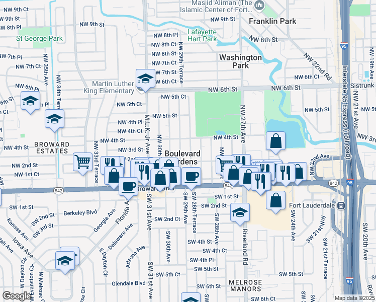 map of restaurants, bars, coffee shops, grocery stores, and more near 295 Northwest 29th Avenue in Fort Lauderdale