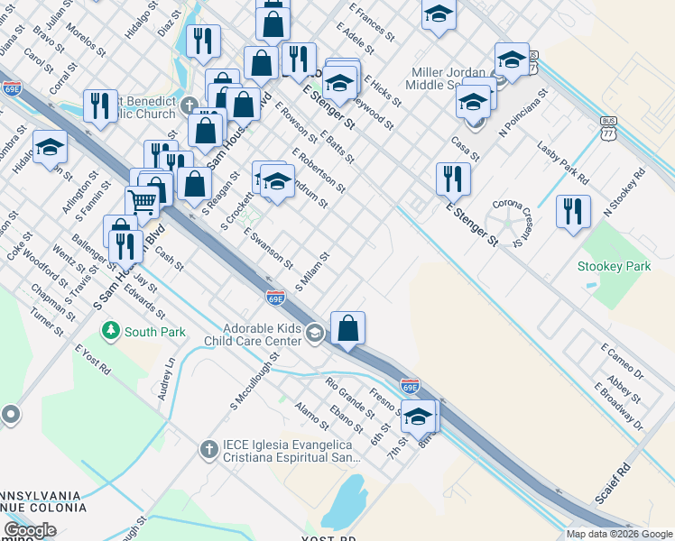 map of restaurants, bars, coffee shops, grocery stores, and more near 510 South Mccullough Street in San Benito