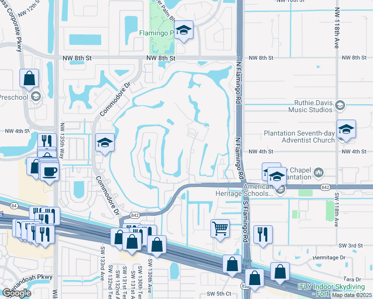 map of restaurants, bars, coffee shops, grocery stores, and more near 301 Northwest 127th Avenue in Plantation