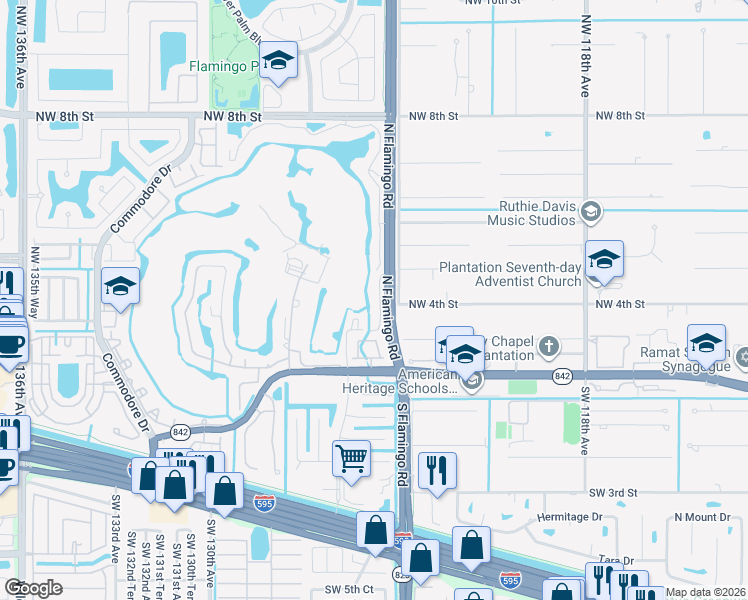 map of restaurants, bars, coffee shops, grocery stores, and more near 305 Vista Isles Drive in Plantation