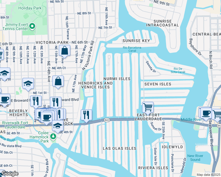 map of restaurants, bars, coffee shops, grocery stores, and more near 93 Isle of Venice Drive in Fort Lauderdale