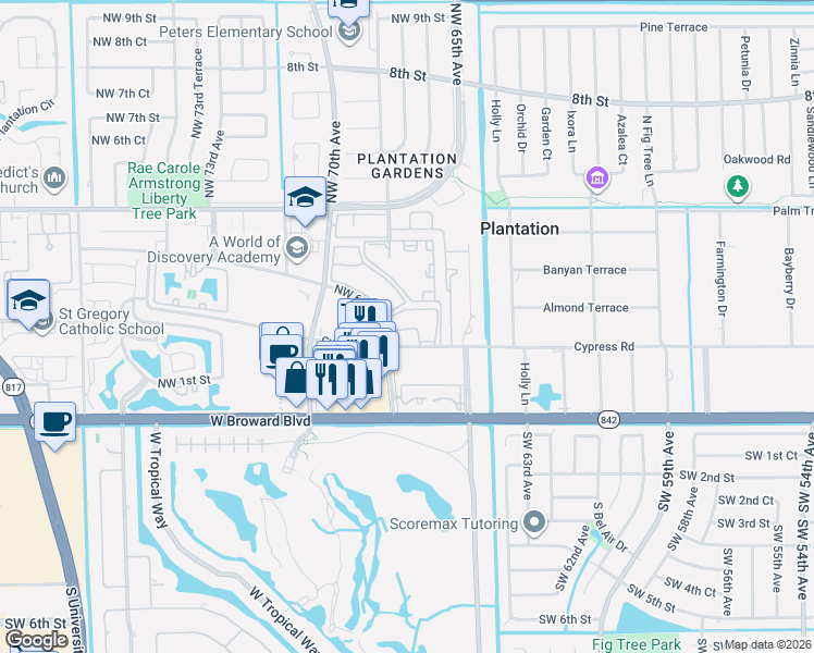 map of restaurants, bars, coffee shops, grocery stores, and more near 6751 Cypress Road in Plantation