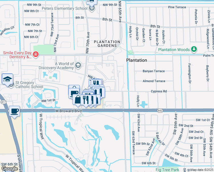map of restaurants, bars, coffee shops, grocery stores, and more near 6751 Cypress Road in Plantation