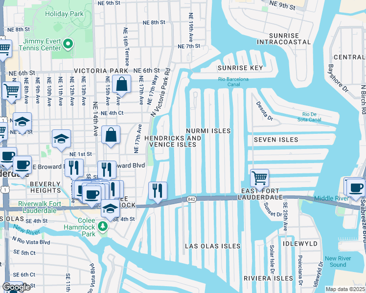 map of restaurants, bars, coffee shops, grocery stores, and more near 93 Isle of Venice Drive in Fort Lauderdale