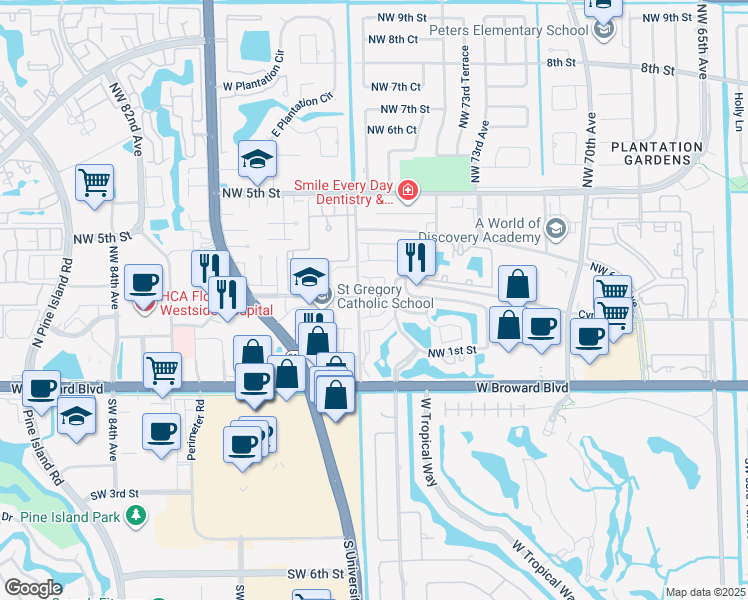 map of restaurants, bars, coffee shops, grocery stores, and more near 175 Northwest 75th Way in Plantation