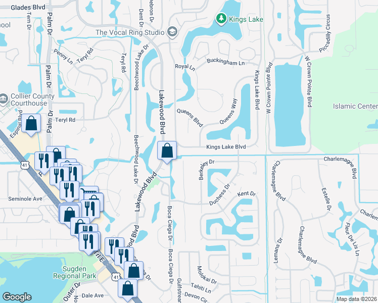 map of restaurants, bars, coffee shops, grocery stores, and more near 2373 Kings Lake Boulevard in Naples