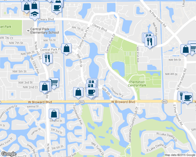 map of restaurants, bars, coffee shops, grocery stores, and more near 233 Northwest 95th Avenue in Plantation