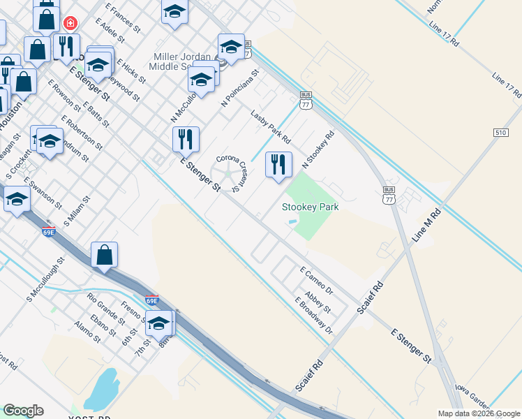 map of restaurants, bars, coffee shops, grocery stores, and more near 215 N Stookey Rd in San Benito