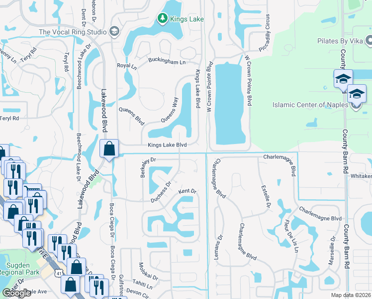 map of restaurants, bars, coffee shops, grocery stores, and more near 2437 Kings Lake Blvd in Naples
