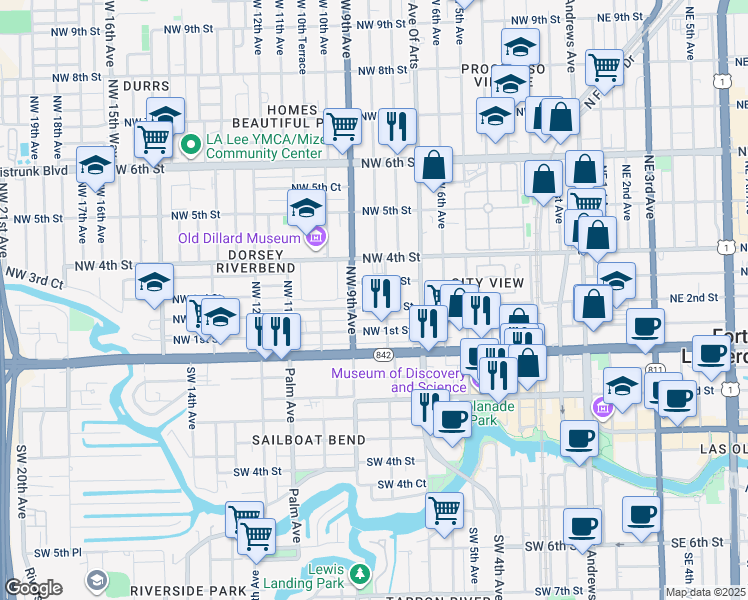map of restaurants, bars, coffee shops, grocery stores, and more near 811 Northwest 2nd Street in Fort Lauderdale