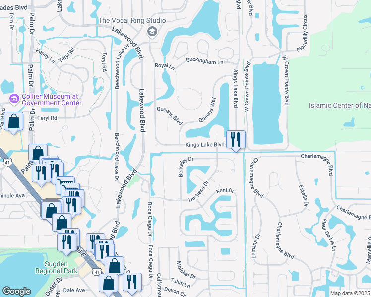 map of restaurants, bars, coffee shops, grocery stores, and more near 2393 Kings Lake Boulevard in Naples