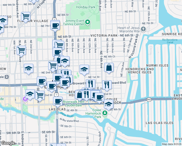 map of restaurants, bars, coffee shops, grocery stores, and more near 1200 Northeast 2nd Street in Fort Lauderdale
