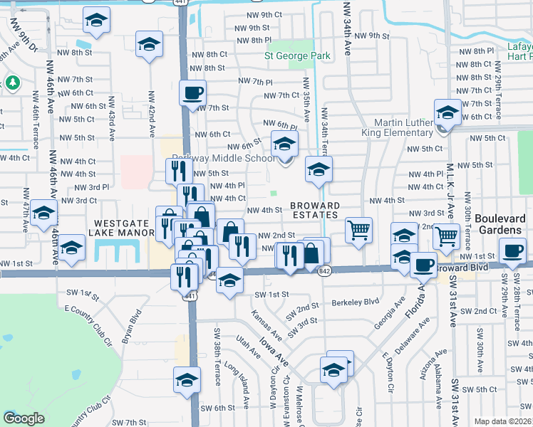 map of restaurants, bars, coffee shops, grocery stores, and more near 3630 Northwest 4th Street in Fort Lauderdale