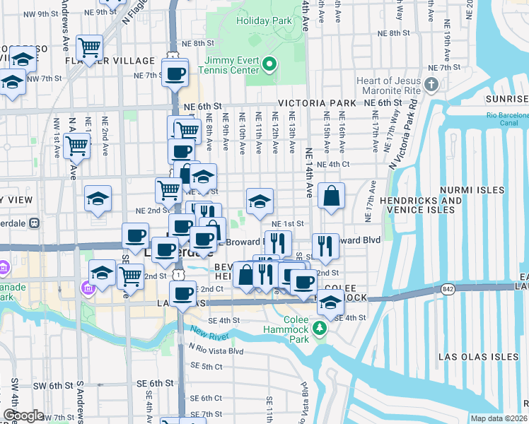 map of restaurants, bars, coffee shops, grocery stores, and more near 115 Northeast 12th Avenue in Fort Lauderdale