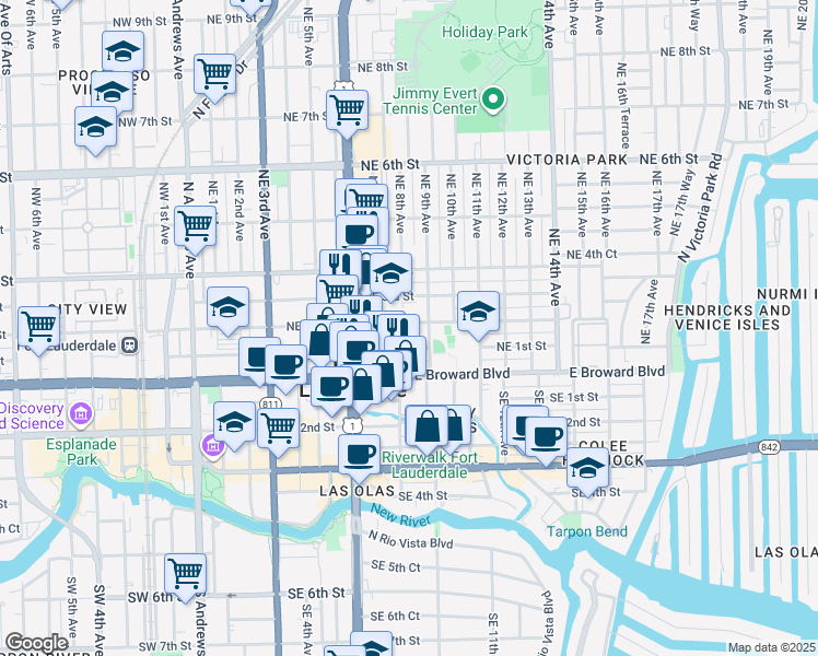 map of restaurants, bars, coffee shops, grocery stores, and more near 17 Northeast 9th Avenue in Fort Lauderdale