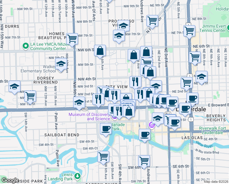 map of restaurants, bars, coffee shops, grocery stores, and more near 199 Northwest 4th Street in Fort Lauderdale