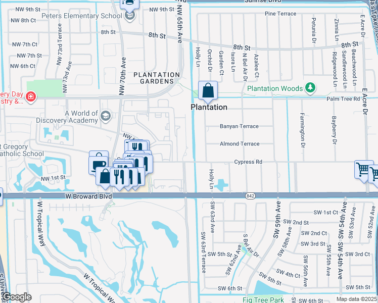 map of restaurants, bars, coffee shops, grocery stores, and more near 220 Holloway Drive in Plantation