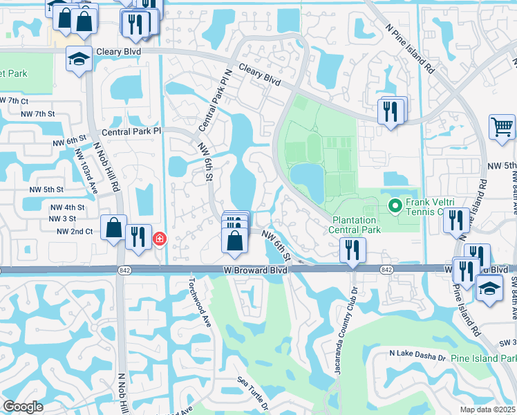map of restaurants, bars, coffee shops, grocery stores, and more near 233 Northwest 95th Avenue in Plantation