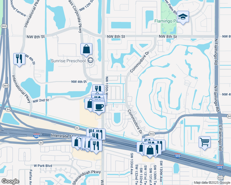 map of restaurants, bars, coffee shops, grocery stores, and more near 361 Southwest 139th Avenue in Plantation