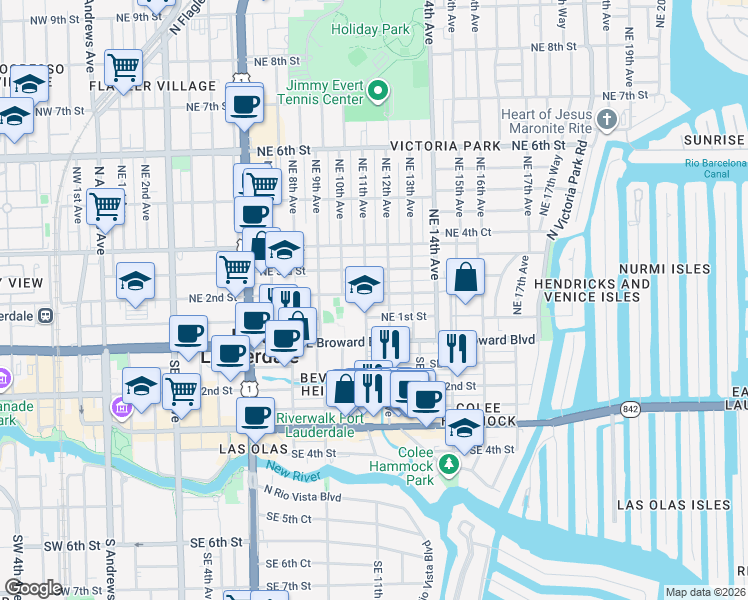 map of restaurants, bars, coffee shops, grocery stores, and more near 115 Northeast 12th Avenue in Fort Lauderdale