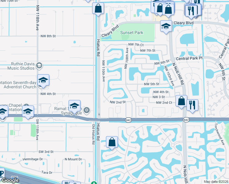 map of restaurants, bars, coffee shops, grocery stores, and more near 10941 Northwest 3rd Street in Plantation