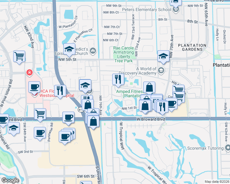 map of restaurants, bars, coffee shops, grocery stores, and more near 7481 Northwest 1st Place in Plantation