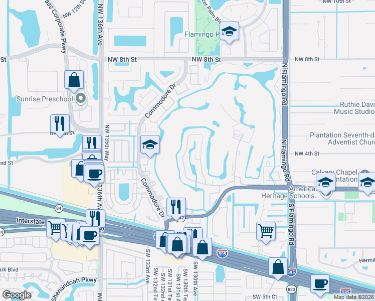 map of restaurants, bars, coffee shops, grocery stores, and more near 13061 Northwest 3rd Street in Plantation