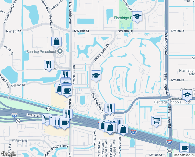 map of restaurants, bars, coffee shops, grocery stores, and more near 430 Commodore Drive in Plantation
