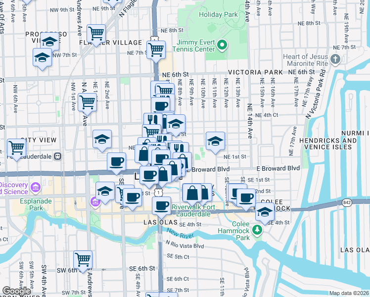 map of restaurants, bars, coffee shops, grocery stores, and more near 804 Northeast 2nd Street in Fort Lauderdale