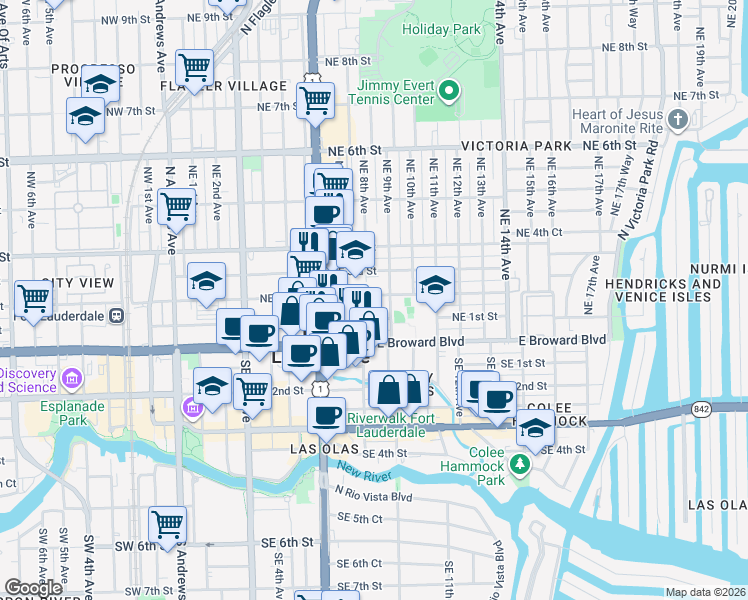 map of restaurants, bars, coffee shops, grocery stores, and more near 804 Northeast 2nd Street in Fort Lauderdale