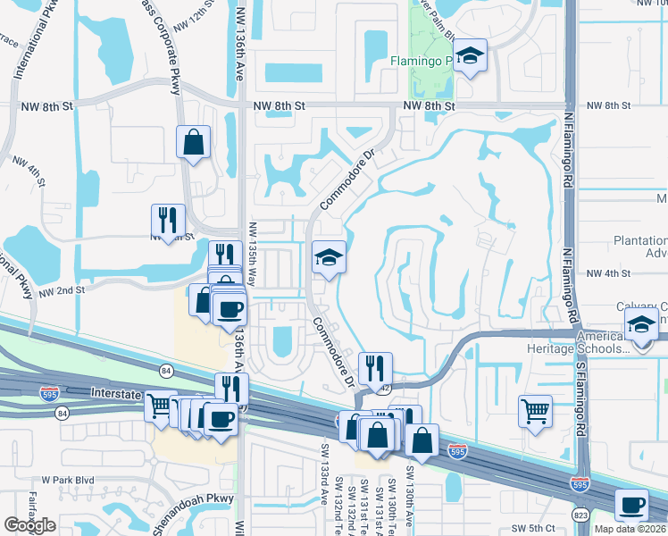 map of restaurants, bars, coffee shops, grocery stores, and more near 430 Commodore Drive in Plantation