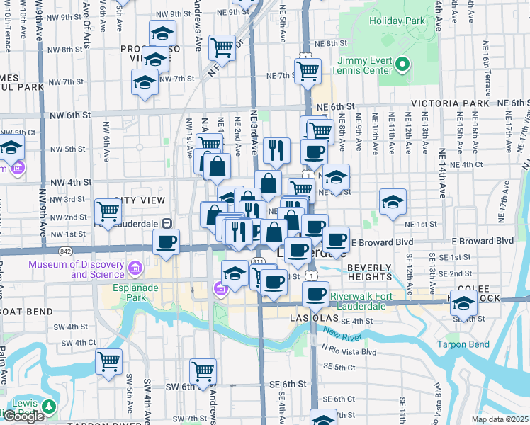 map of restaurants, bars, coffee shops, grocery stores, and more near 115 Northeast 3rd Avenue in Fort Lauderdale