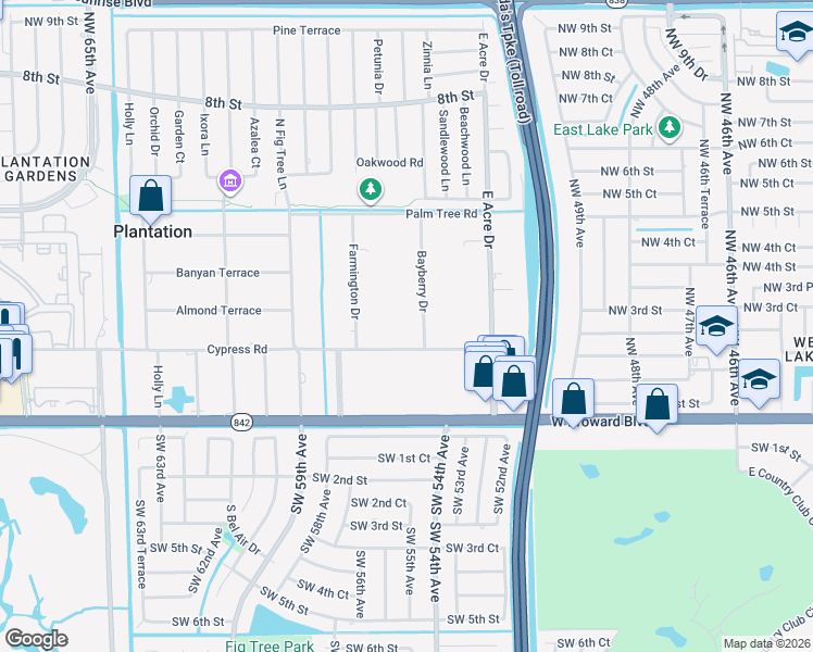 map of restaurants, bars, coffee shops, grocery stores, and more near 217 Bayberry Drive in Plantation