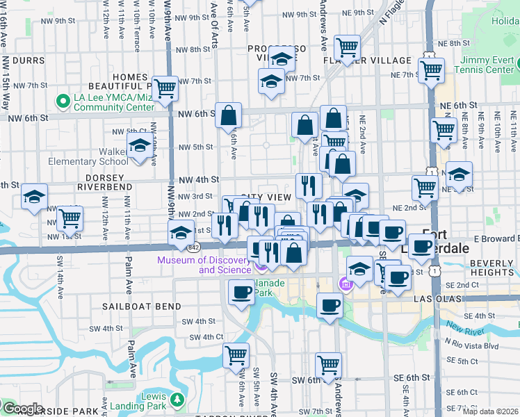 map of restaurants, bars, coffee shops, grocery stores, and more near 199 Northwest 4th Street in Fort Lauderdale