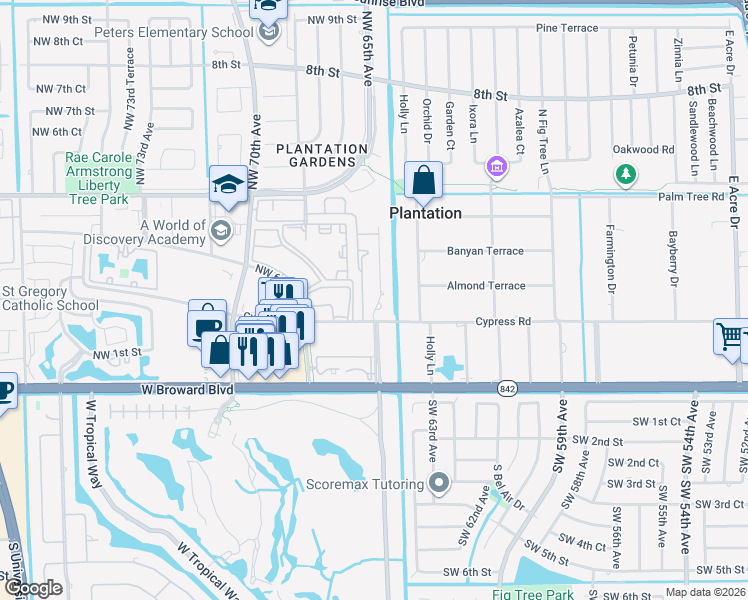 map of restaurants, bars, coffee shops, grocery stores, and more near 220 Holloway Drive in Plantation