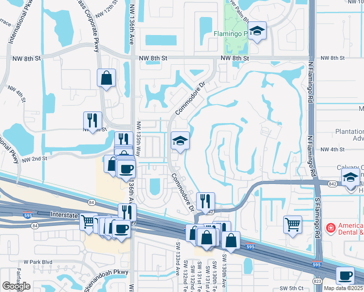 map of restaurants, bars, coffee shops, grocery stores, and more near 430 Commodore Drive in Plantation
