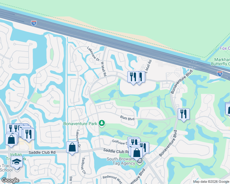 map of restaurants, bars, coffee shops, grocery stores, and more near 16756 Natures Way in Weston