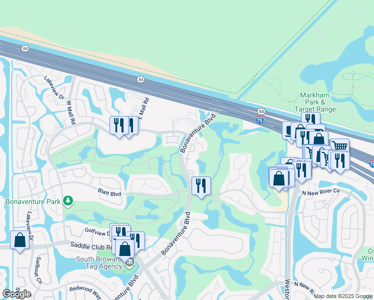 map of restaurants, bars, coffee shops, grocery stores, and more near 100 Bonaventure Boulevard in Weston