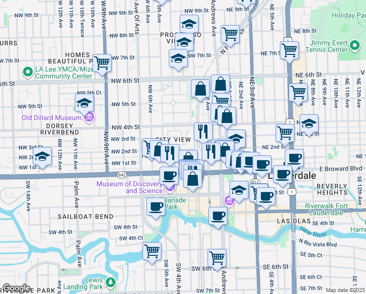 map of restaurants, bars, coffee shops, grocery stores, and more near 199 Northwest 3rd Avenue in Fort Lauderdale