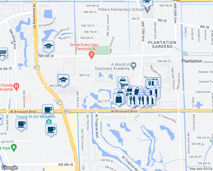 map of restaurants, bars, coffee shops, grocery stores, and more near 4631 Northwest 73rd Avenue in Plantation