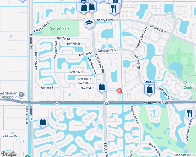 map of restaurants, bars, coffee shops, grocery stores, and more near 347 Northwest 102nd Terrace in Plantation