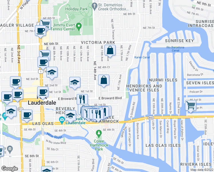 map of restaurants, bars, coffee shops, grocery stores, and more near 113 Northeast 16th Terrace in Fort Lauderdale