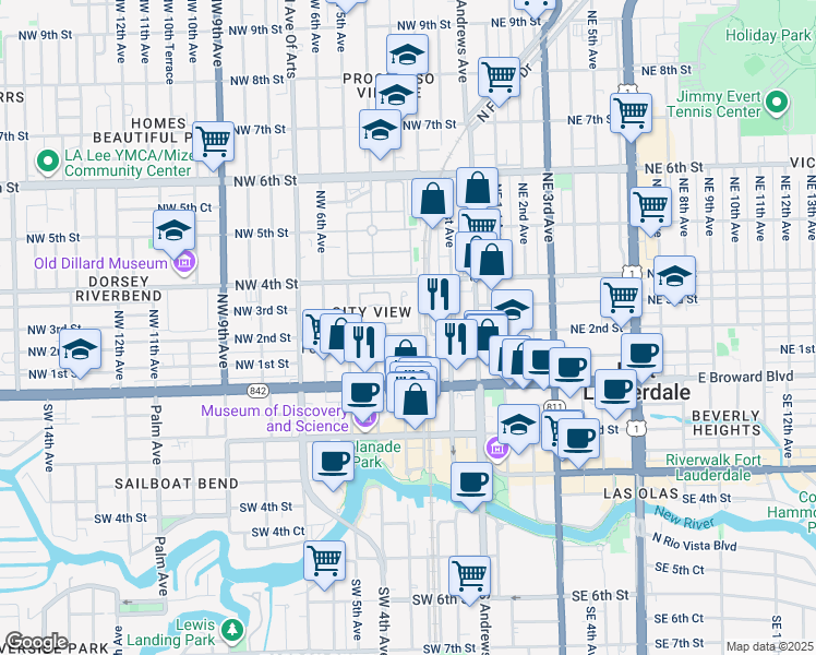 map of restaurants, bars, coffee shops, grocery stores, and more near 199 Northwest 3rd Avenue in Fort Lauderdale