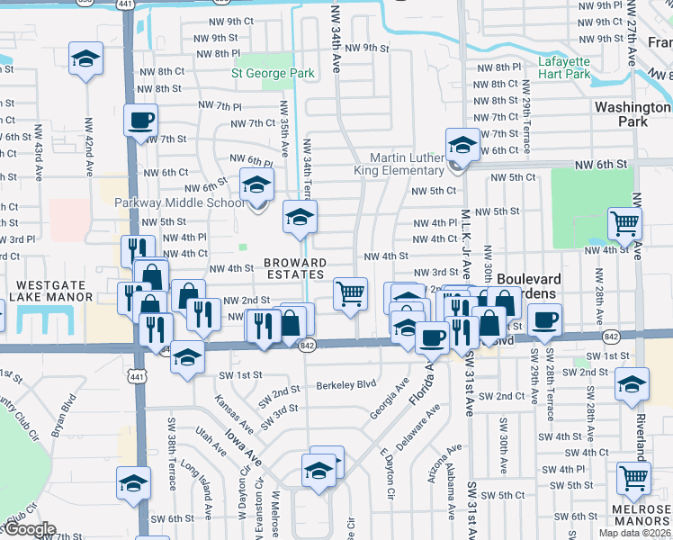 map of restaurants, bars, coffee shops, grocery stores, and more near 3461 Northwest 2nd Street in Fort Lauderdale