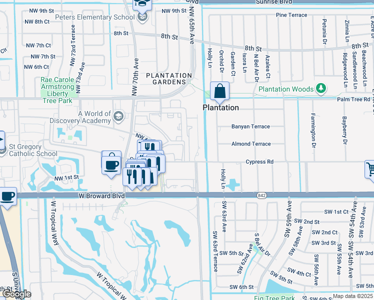 map of restaurants, bars, coffee shops, grocery stores, and more near 6701 Northwest 66th Avenue in Plantation