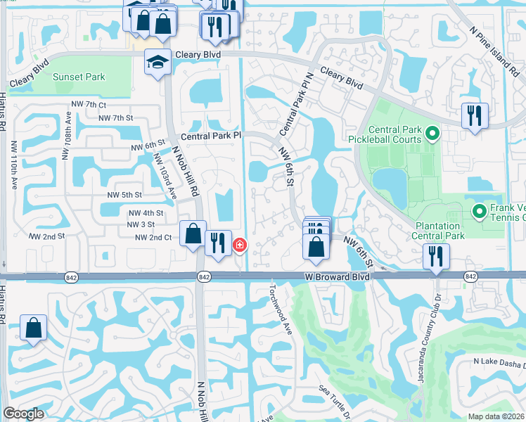 map of restaurants, bars, coffee shops, grocery stores, and more near 9877 Northwest 2nd Court in Plantation