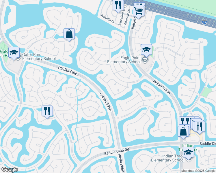 map of restaurants, bars, coffee shops, grocery stores, and more near 595 Cascade Falls Drive in Weston