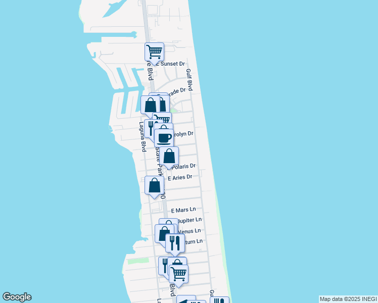 map of restaurants, bars, coffee shops, grocery stores, and more near 121A East Verna Jean Drive in South Padre Island