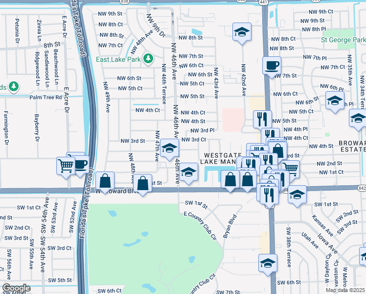 map of restaurants, bars, coffee shops, grocery stores, and more near 4548 Northwest 3rd Street in Plantation