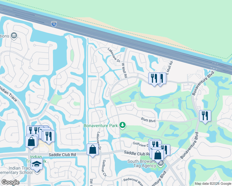 map of restaurants, bars, coffee shops, grocery stores, and more near 16784 Natures Way in Weston